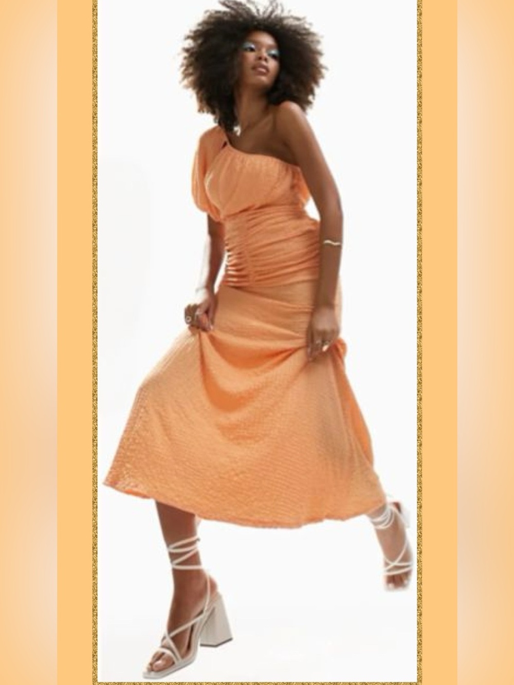 🆕 Asos Design Textured One Sleeve Puff Midi Dress Ruched waist Peach Sz 2